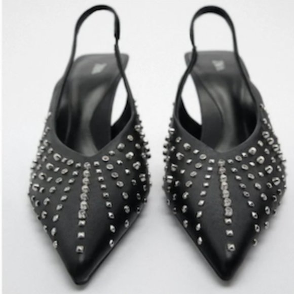 Zara Sexy Edgy Studded Sling Back Heels Black Size 36 - Picture 3 of 11